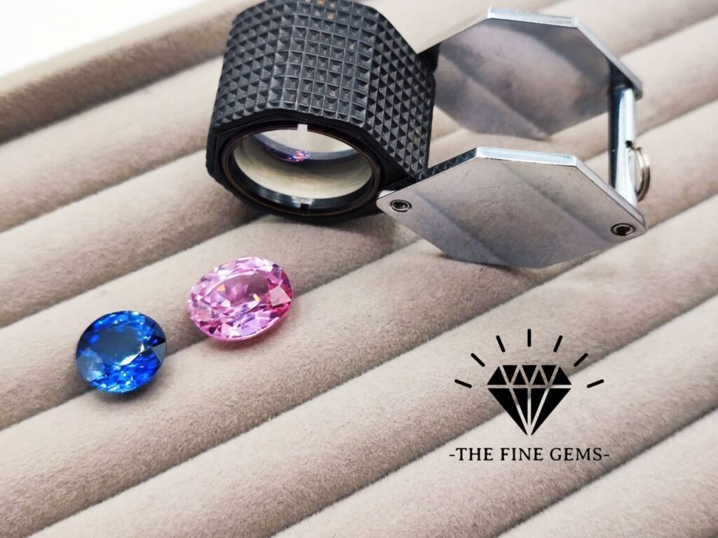 loupe de gemmologie kunzite rose et saphir bleu logo The fine Gems noir