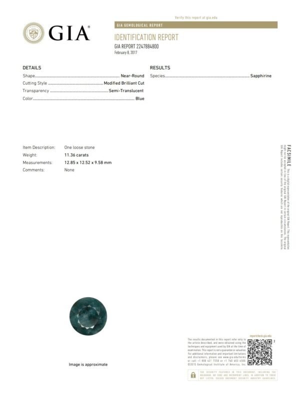 Saphirine blue round cut 11.36 carats certificat de laboratoire GIA