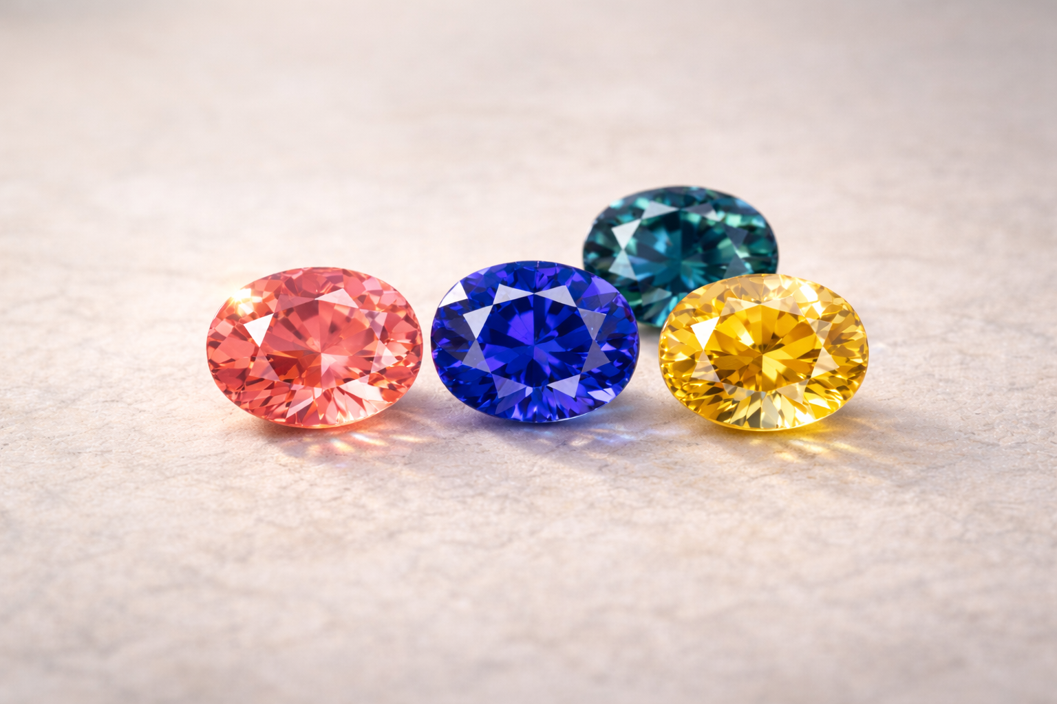 Saphirs d’exception : bleu royal, padparadscha, jaune et teal présentés sur fond clair élégant.