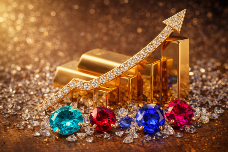 Lingots d’or avec flèche de croissance sertie de diamants et pierres précieuses rares : tourmaline Paraiba, tanzanite, rubis et spinelle rose