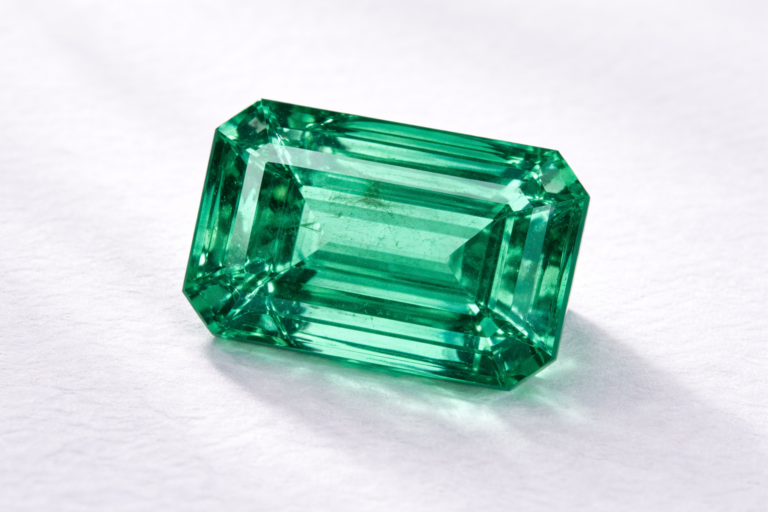 Émeraude naturelle de Colombie taille émeraude avec inclusions visibles fond clair élégant