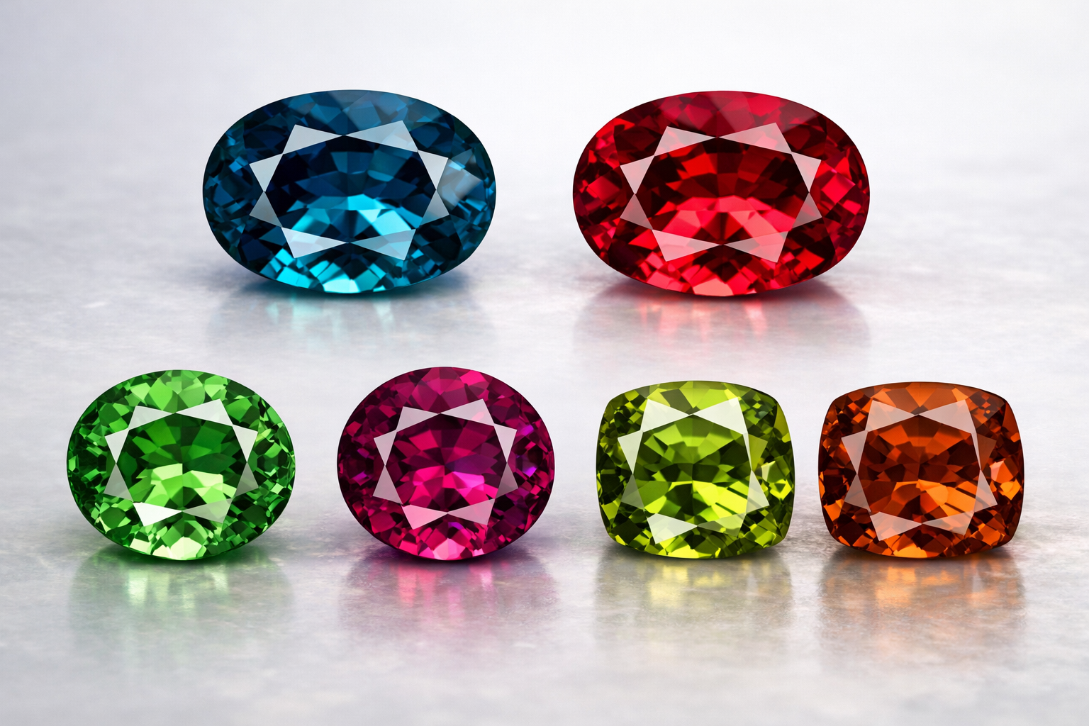 Alexandrites naturelles illustrant le changement de couleur : bleu vers rouge, vert vers rouge magenta et jaune-vert vers brun orangé.