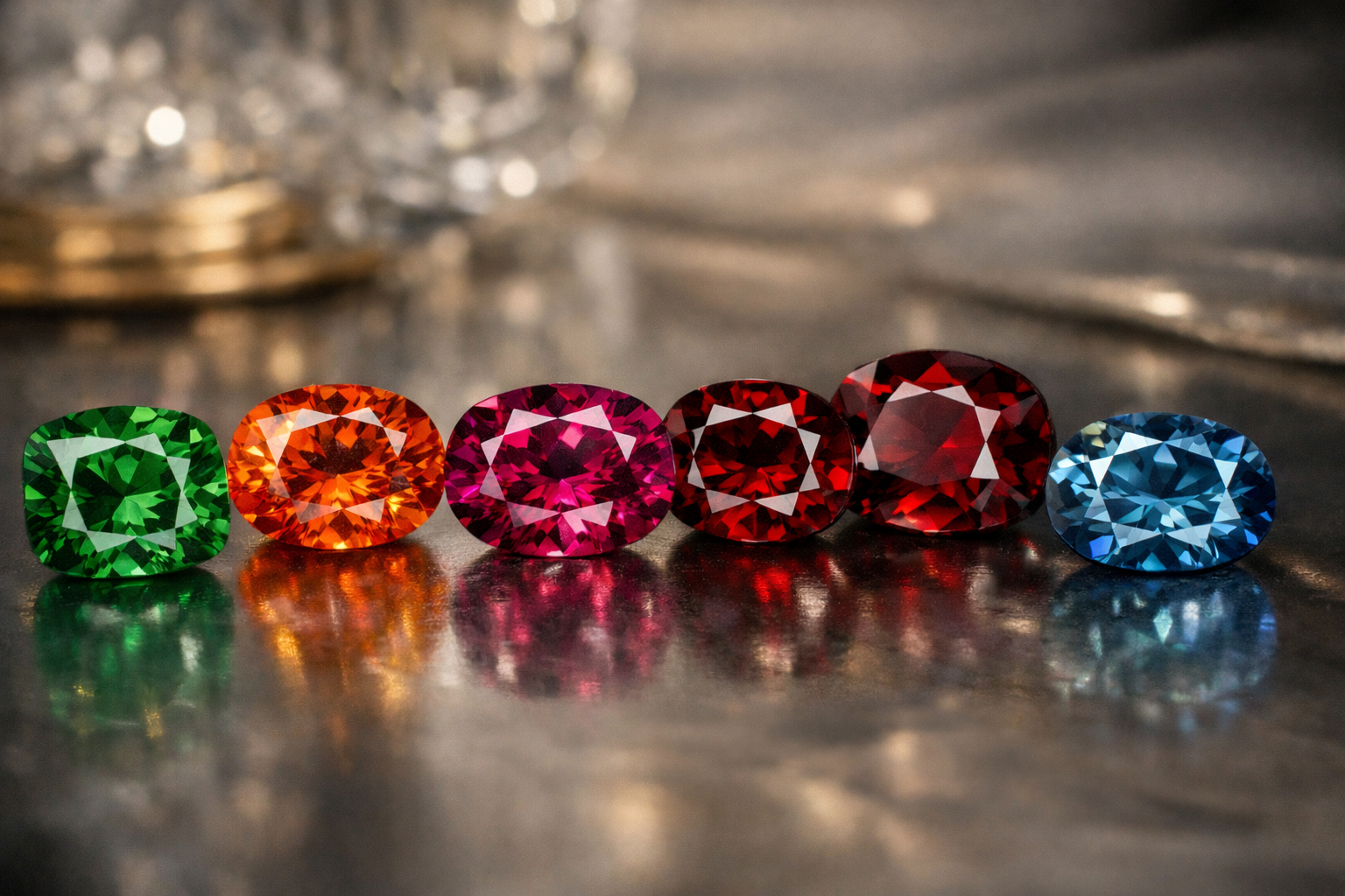 Panorama de grenats d’exception : tsavorite verte, spessartite orange, rhodolite rose, pyrope rouge profond et grenat bleu color change rare