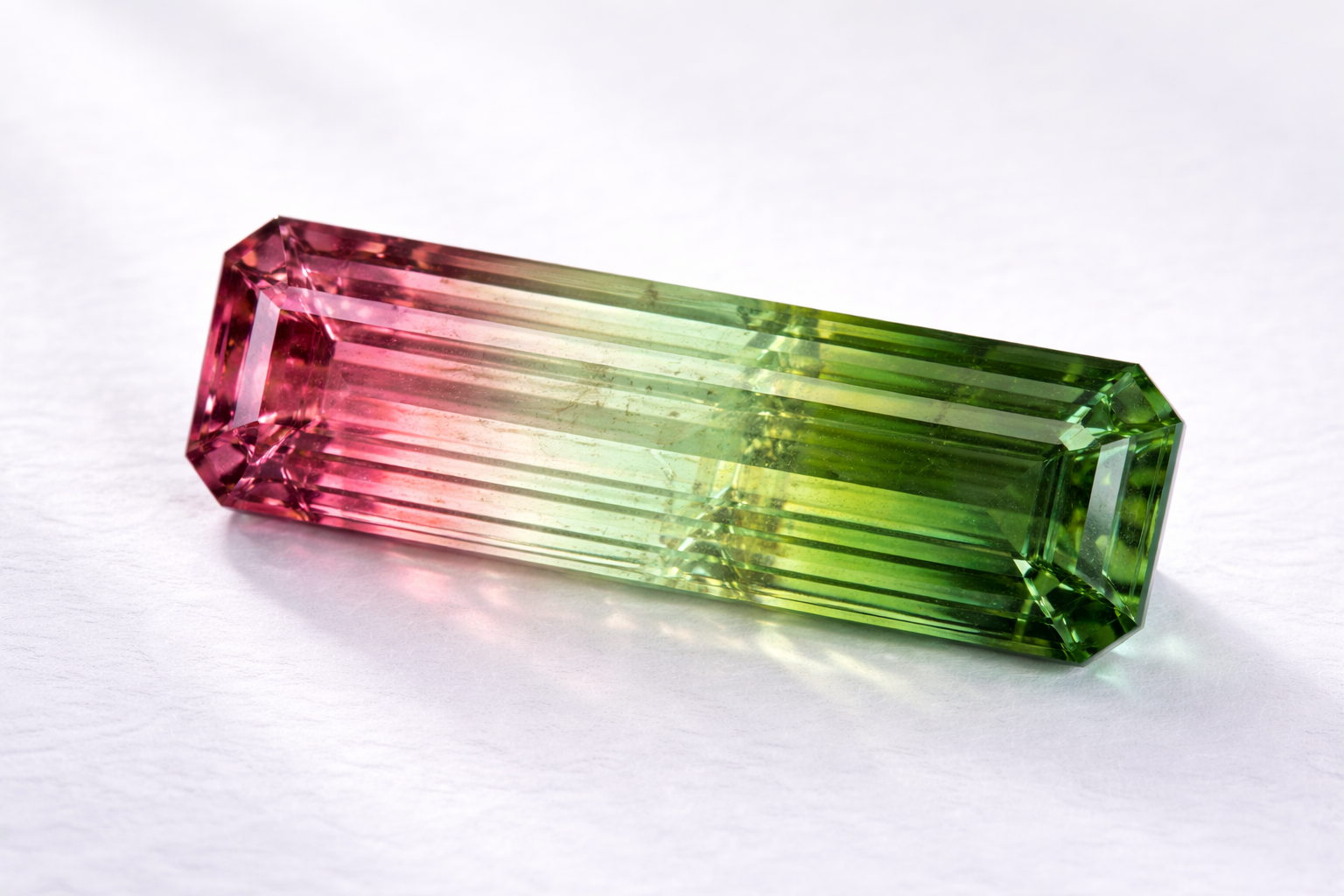 Tourmaline naturelle watermelon taille octogonale allongée aux nuances rose et vert sur fond clair
