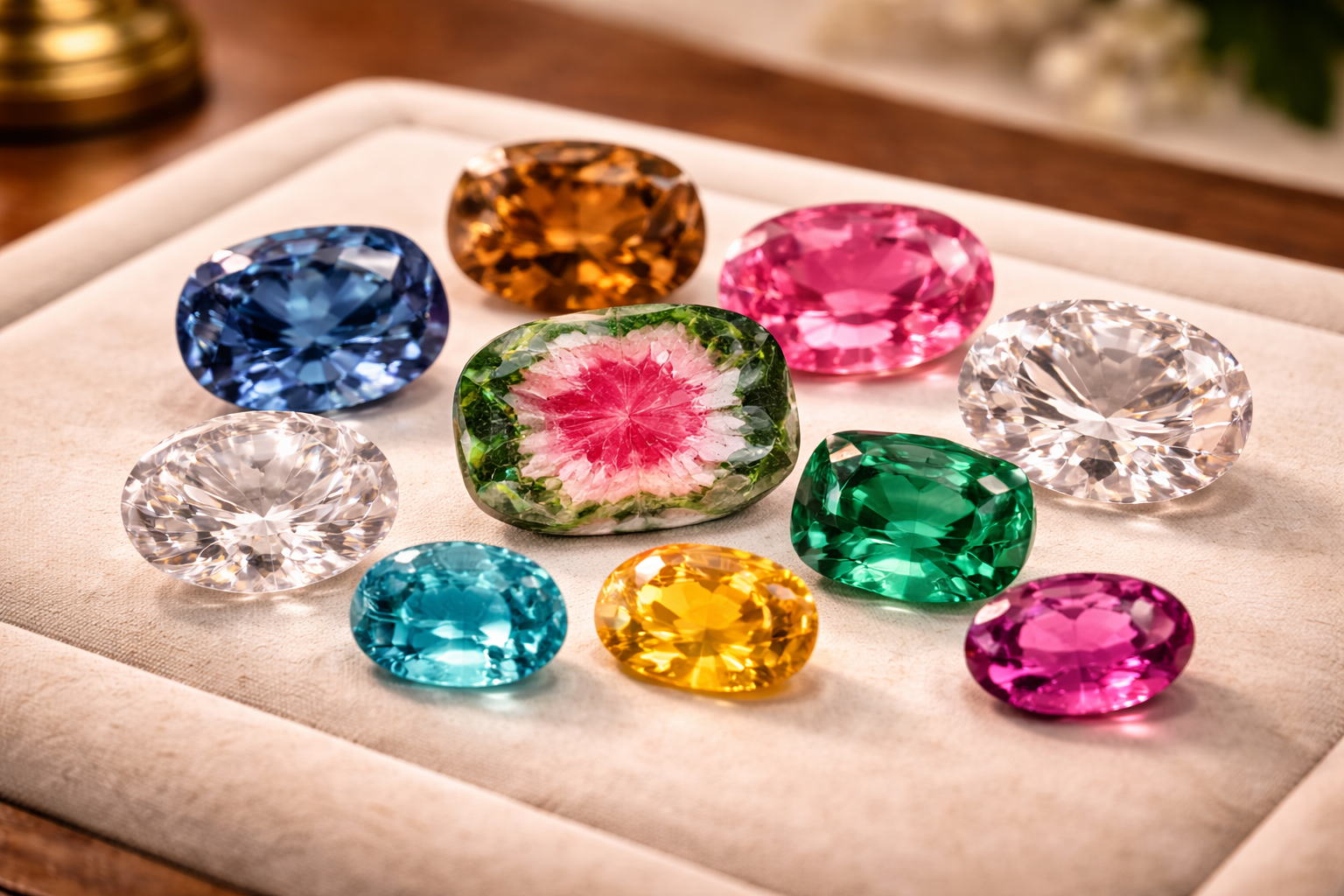 Collection de tourmalines naturelles aux couleurs variées : Paraíba, indicolite, watermelon, dravite et autres gemmes rares.