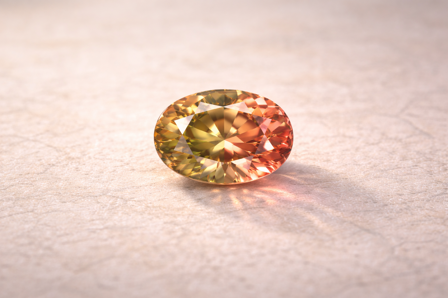 Zultanite naturelle ovale présentant un changement de couleur vert doré et rose sous différentes lumières, sur fond clair élégant.