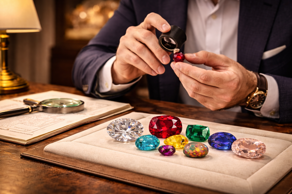 Expert gemmologue examinant des pierres précieuses à la loupe – négociant et expert de confiance The Fine Gems