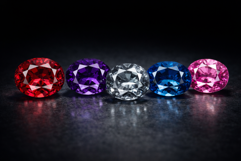 Collection de spinelles naturelles facettées – rouge intense, violet profond, gris platine, bleu et rose – gemmes fines pour joaillerie