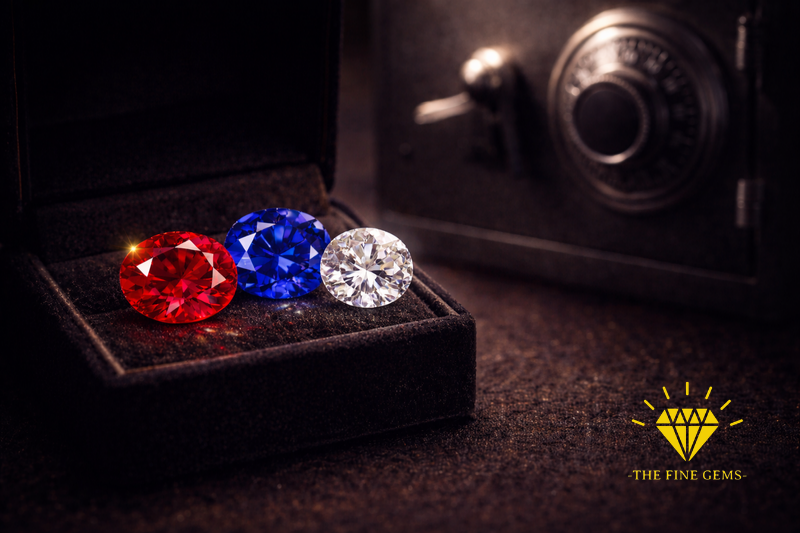 Investissement dans les pierres précieuses : rubis, saphir et diamant dans un écrin avec coffre sécurisé en arrière-plan.