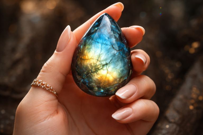 labradorite taillée aux reflets naturels tenue en main symbolisme des pierres précieuses