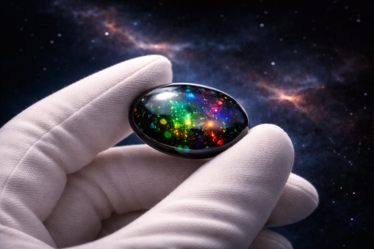 Opale noire australienne naturelle aux reflets verts et rouges tenue avec un gant blanc sur fond cosmique - énergie des gemmes