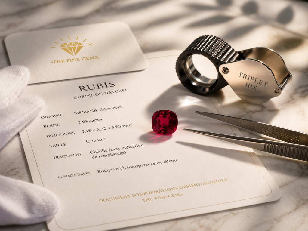 certificat pierre précieuse rubis avec carte The Fine Gems loupe triplet et document gemmologique