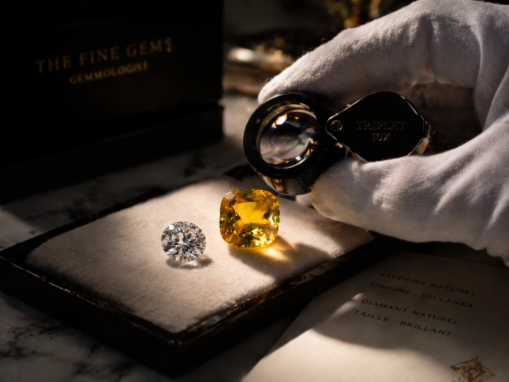 gemmologue utilisant une loupe triplet examinant un saphir jaune et un diamant sur plateau