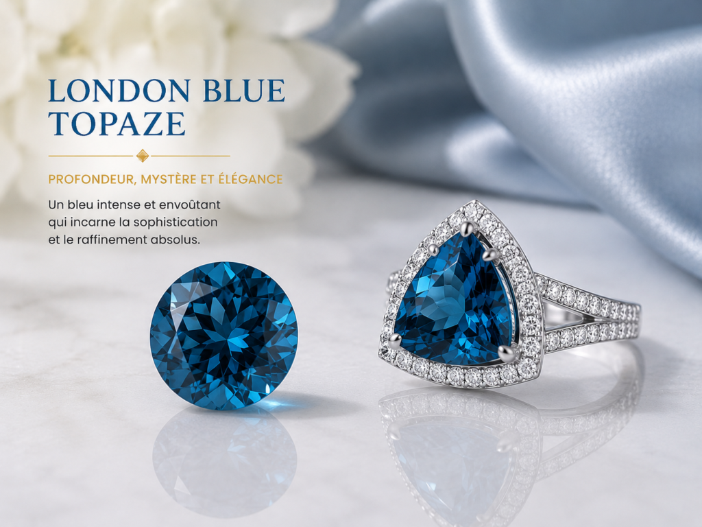 London blue topaz round brillant cut with an elegant white gold diamond ring set with trillon london blue topaz