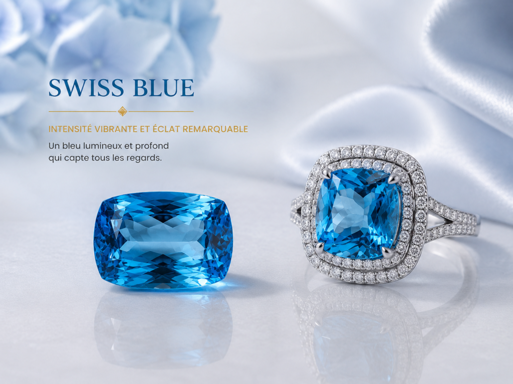 Cushion cut swiss blue topaz with beautiful white gold ring set with diamonds and cushion cut swiss blue topaz
