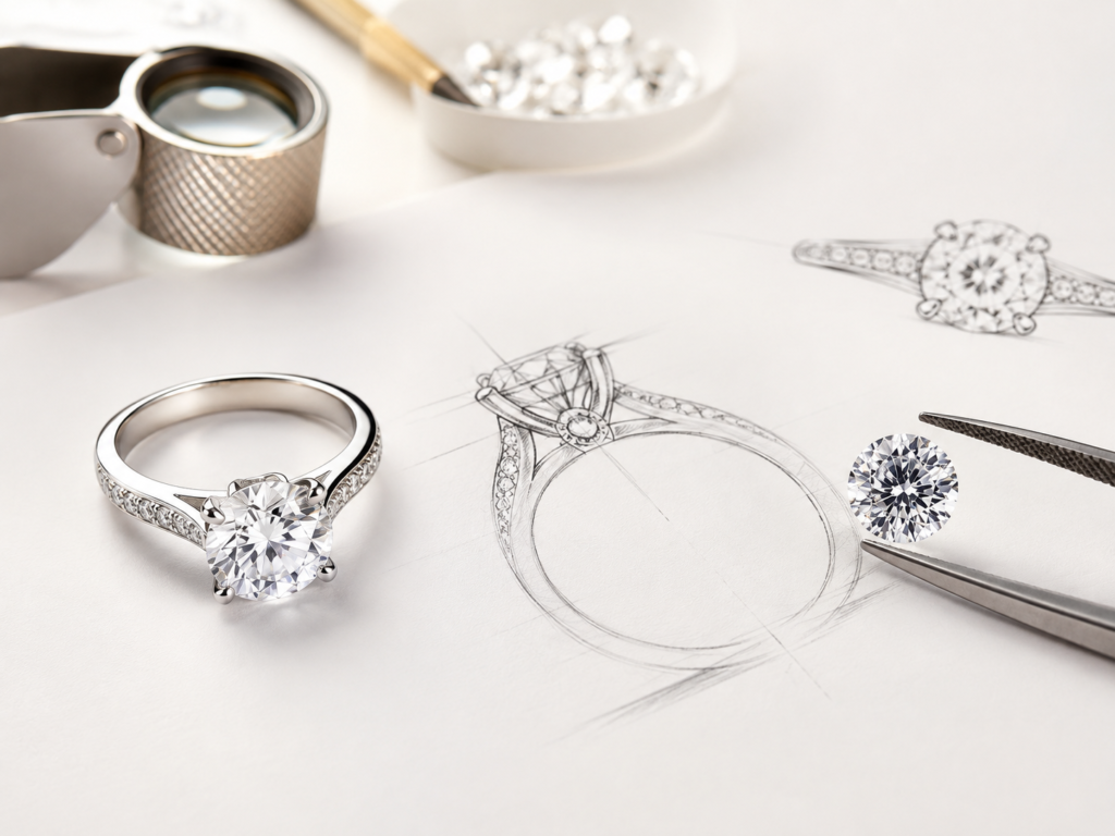 Diamant naturel et bague en or blanc sur dessin de joaillerie, création d’un bijou sur mesure